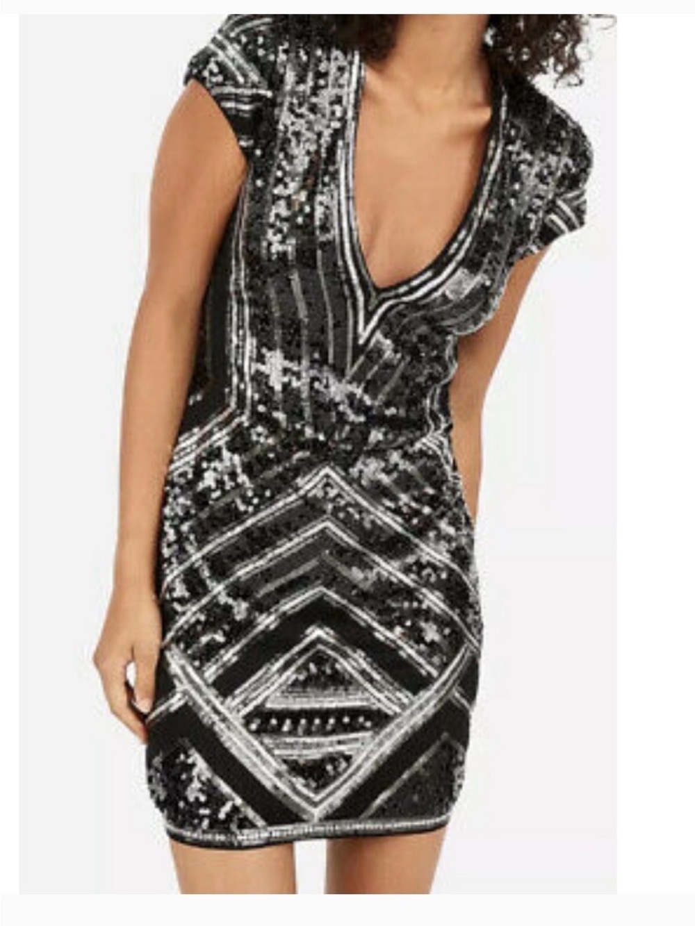 Express Black Sequin Geometric V-Neck Mini Dress